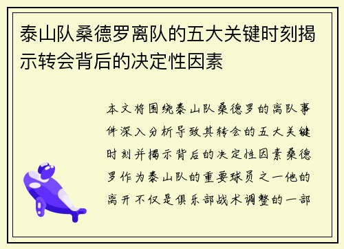 泰山队桑德罗离队的五大关键时刻揭示转会背后的决定性因素